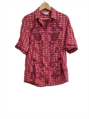 Johnny Was Martina Kimono Sleeve Oversized Shirt S Embroidery Red Plaid READ!